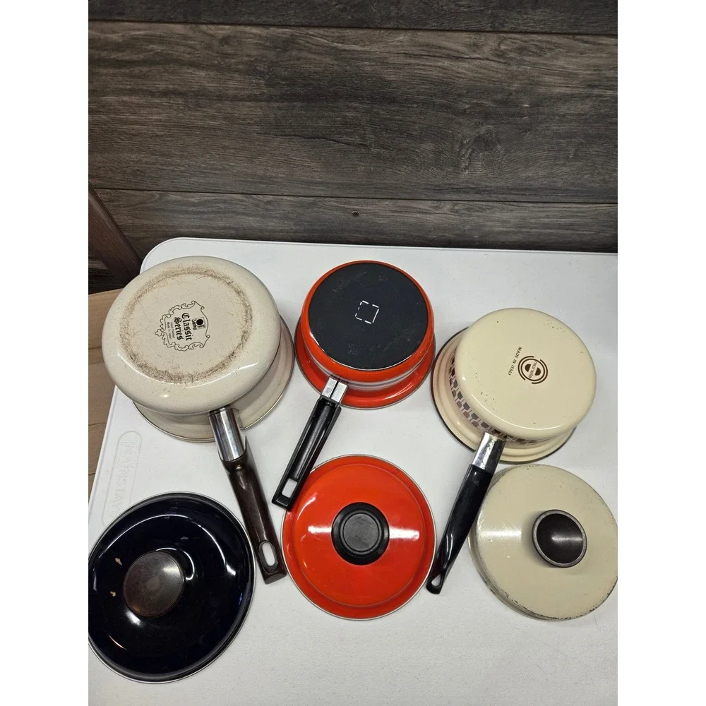 Vintage Enamel Saucepan Lot Lanko Japan Moneta Italy Retro Mid‎ Century Cookware